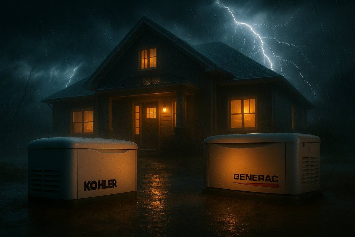 Kohler and Generac standby generators protecting a home during a storm